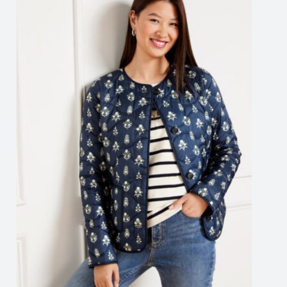 TALBOTS Quilted Collarless Jacket - Ditsy Foulard - Picture 4 of 12